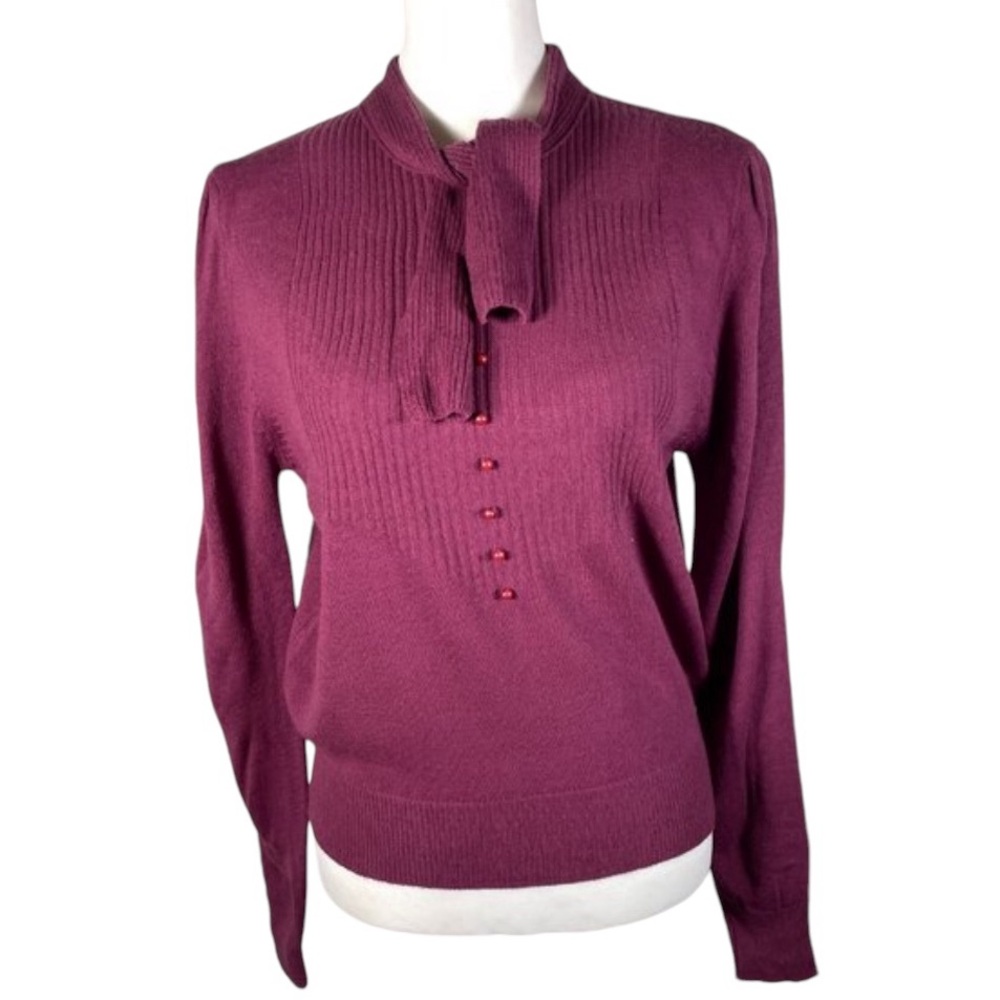 Captions Purple High Tie Neck Button Accent Long Sleeve Pullover Sweater L